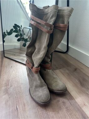 Frye Knee-High Suede Boots in Olive brown with Brown Straps
